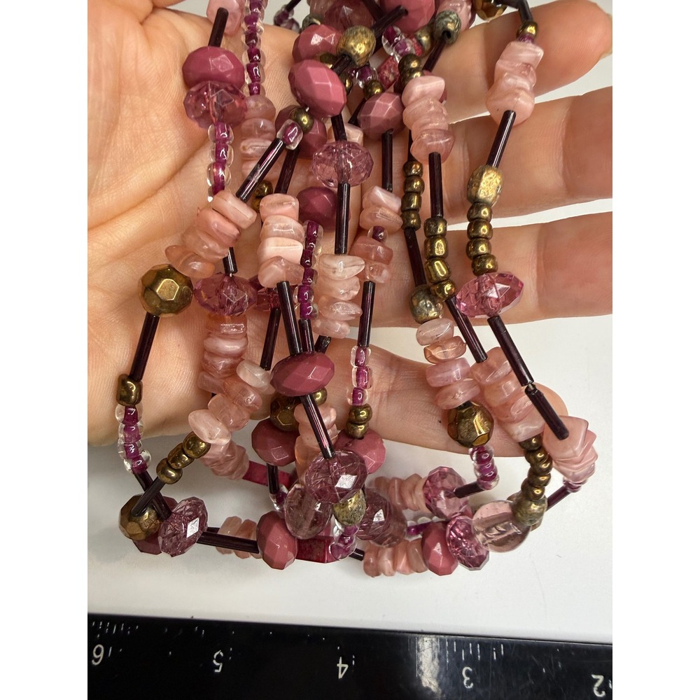 Chicos Multi Strand Beaded Necklace Pink Mauve Purple Gold Tone Statement Piece